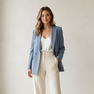NWT Maje Vayra Blue Wool Blend Double-breasted Button Suit Blazer, size 40